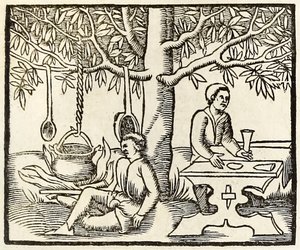 セバスチャンミュンスター作「コスモグラフィア」の1550年版の鍋と待っているダイナー 作： Sebastian Munster